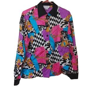 Adrianna Papell Vintage Silk Bright Long Sleeve Button Top Vibrant Size 4 Retro